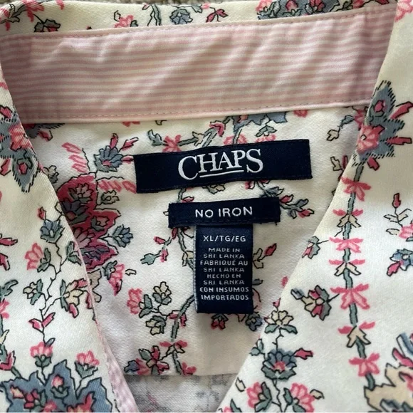 Chaps Womens XL No Iron Button Up Shirt Pink Floral 3/4 Sleeve Blouse Cotton - Picture 3 of 9